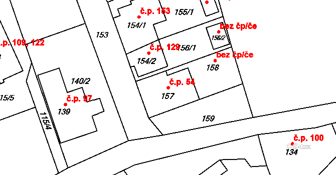 Jerlochovice 54, Fulnek na parcele st. 157 v KÚ Jerlochovice, Katastrální mapa