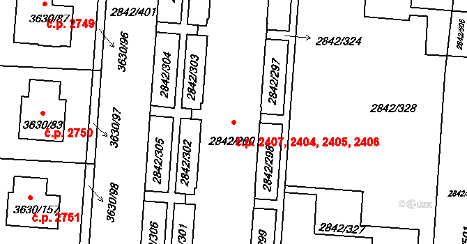 Louny 2404,2405,2406,2407 na parcele st. 2842/260 v KÚ Louny, Katastrální mapa