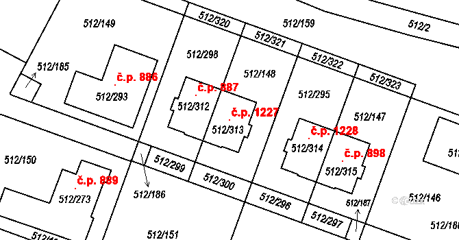 Srubec 1227 na parcele st. 512/313 v KÚ Srubec, Katastrální mapa