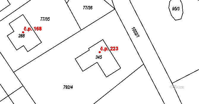 Rynárec 223 na parcele st. 345 v KÚ Rynárec, Katastrální mapa