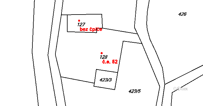 Rožany 52, Šluknov na parcele st. 128 v KÚ Rožany, Katastrální mapa