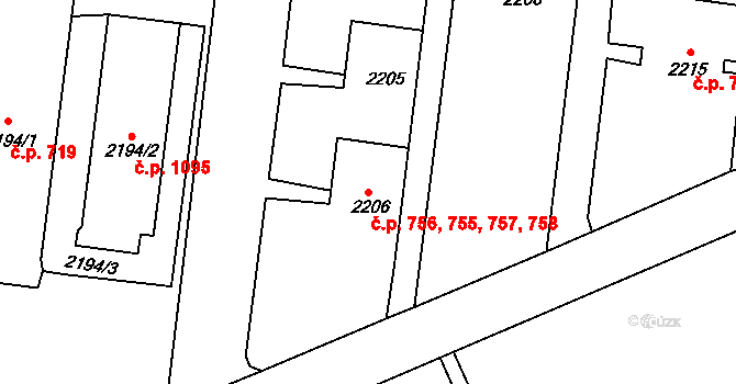 Zruč nad Sázavou 755,756,757,758 na parcele st. 2206 v KÚ Zruč nad Sázavou, Katastrální mapa