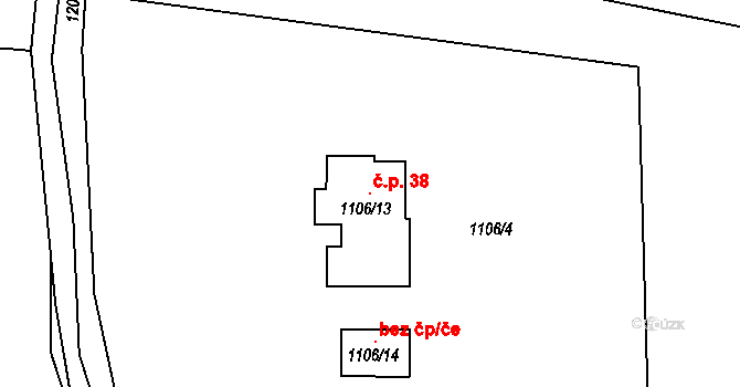 Hradce 38 na parcele st. 1106/13 v KÚ Hradce u Homol, Katastrální mapa