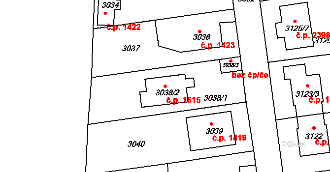 Roztoky 1515 na parcele st. 3038/2 v KÚ Žalov, Katastrální mapa