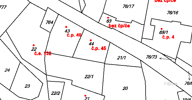 Hůrky 45 na parcele st. 44 v KÚ Hůrky u Rokycan, Katastrální mapa