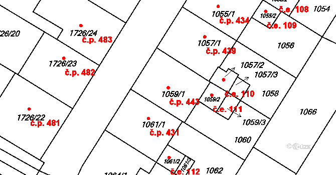 Hrušovany u Brna 443 na parcele st. 1059/1 v KÚ Hrušovany u Brna, Katastrální mapa