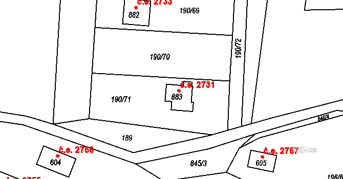Těptín 2731, Kamenice na parcele st. 883 v KÚ Těptín, Katastrální mapa