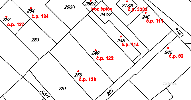 Milovice 122 na parcele st. 249 v KÚ Milovice nad Labem, Katastrální mapa