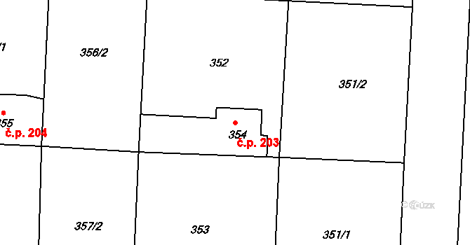 Radonice 203 na parcele st. 354 v KÚ Radonice u Kadaně, Katastrální mapa