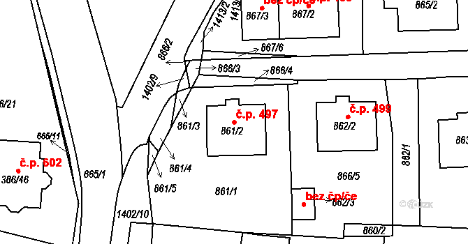 Proboštov 497 na parcele st. 861/2 v KÚ Proboštov u Teplic, Katastrální mapa