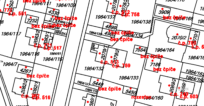 Borovina 513, Třebíč na parcele st. 2079/1 v KÚ Třebíč, Katastrální mapa