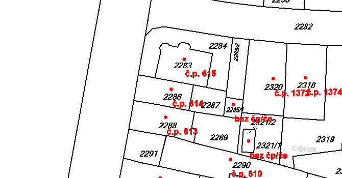 Černá Pole 614, Brno na parcele st. 2286 v KÚ Černá Pole, Katastrální mapa