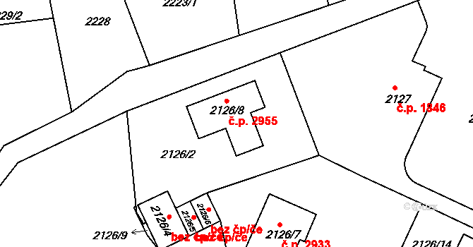 Teplice 2955 na parcele st. 2126/8 v KÚ Teplice, Katastrální mapa