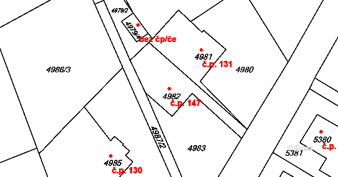 Lískovec 147, Frýdek-Místek na parcele st. 4982 v KÚ Lískovec u Frýdku-Místku, Katastrální mapa