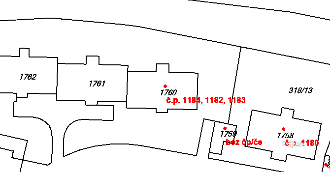 Litovel 1182,1183,1184 na parcele st. 1760 v KÚ Litovel, Katastrální mapa
