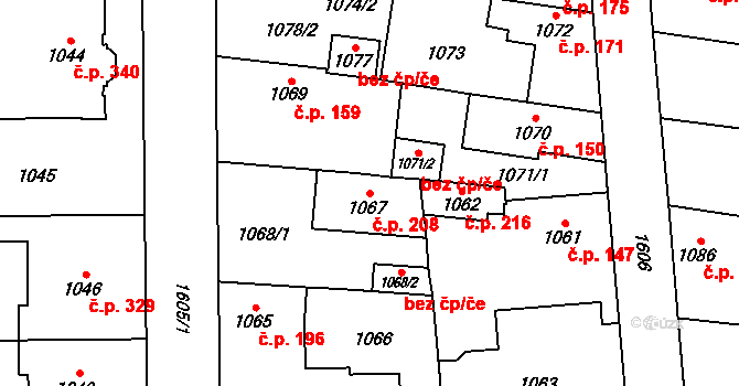 Řeporyje 208, Praha na parcele st. 1067 v KÚ Řeporyje, Katastrální mapa
