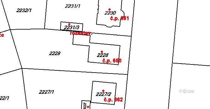 Kunratice 650, Praha 4 na parcele st. 2228 v KÚ Kunratice, Katastrální mapa