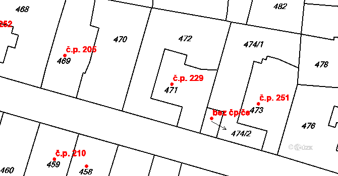 Nebušice 229, Praha 10 na parcele st. 471 v KÚ Nebušice, Katastrální mapa