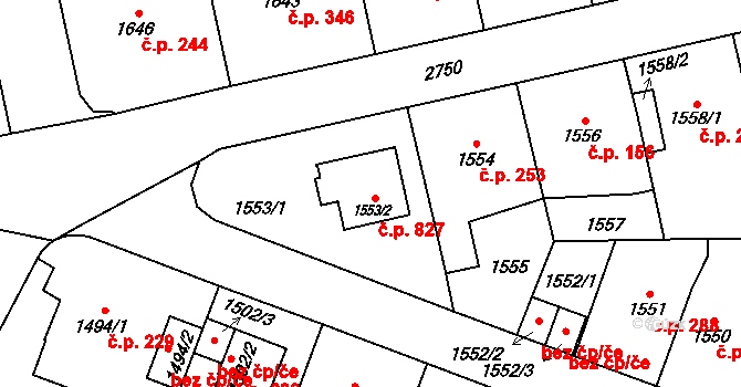 Kyje 827, Praha na parcele st. 1553/2 v KÚ Kyje, Katastrální mapa