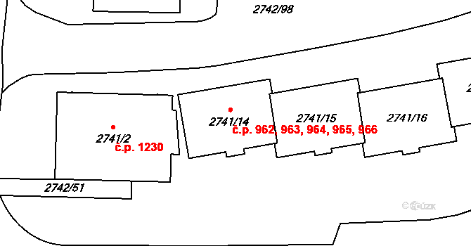 Hostivař 962,963,964,965,966, Praha na parcele st. 2741/14 v KÚ Hostivař, Katastrální mapa