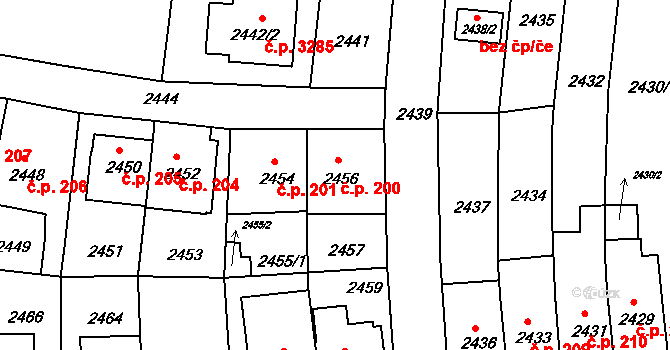 Záběhlice 200, Praha na parcele st. 2456 v KÚ Záběhlice, Katastrální mapa