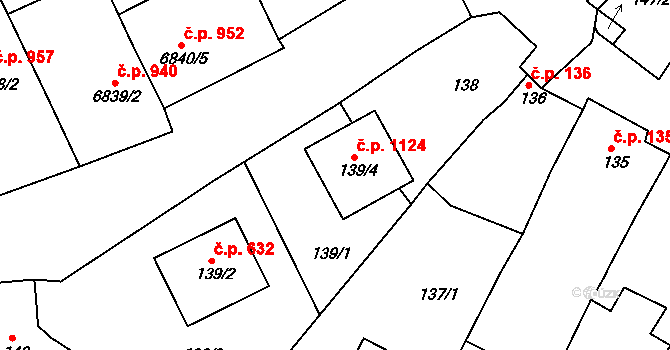 Mutěnice 1124 na parcele st. 139/4 v KÚ Mutěnice, Katastrální mapa