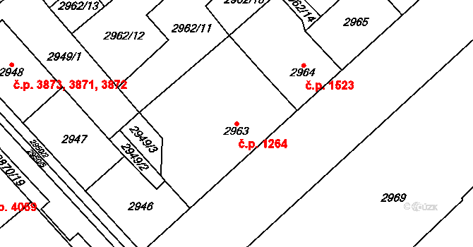 Chomutov 1264 na parcele st. 2963 v KÚ Chomutov I, Katastrální mapa