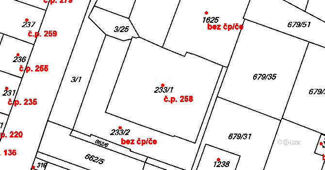 Rosice 258 na parcele st. 233/1 v KÚ Rosice u Brna, Katastrální mapa
