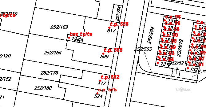 Rosice 558 na parcele st. 599 v KÚ Rosice u Brna, Katastrální mapa