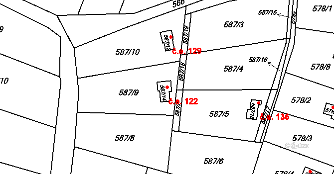 Kanice 122 na parcele st. 587/14 v KÚ Kanice, Katastrální mapa
