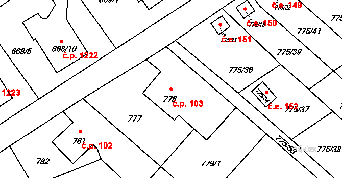 Ráj 103, Karviná na parcele st. 778 v KÚ Ráj, Katastrální mapa