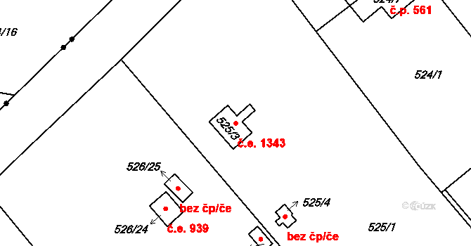 Doudlevce 1343, Plzeň na parcele st. 525/3 v KÚ Doudlevce, Katastrální mapa