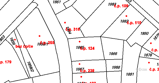 Pečky 124 na parcele st. 1865 v KÚ Pečky, Katastrální mapa