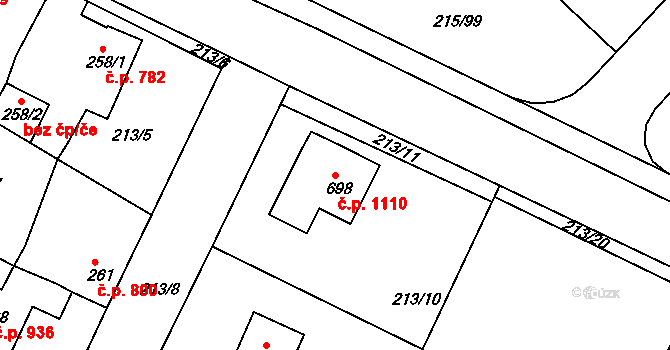 Rudná 1110 na parcele st. 698 v KÚ Hořelice, Katastrální mapa