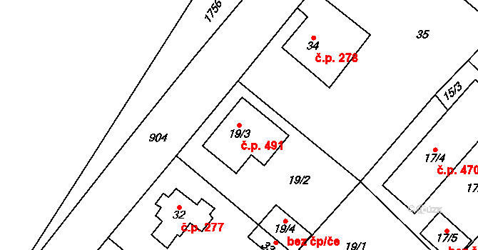 Milovice 491 na parcele st. 19/3 v KÚ Milovice nad Labem, Katastrální mapa