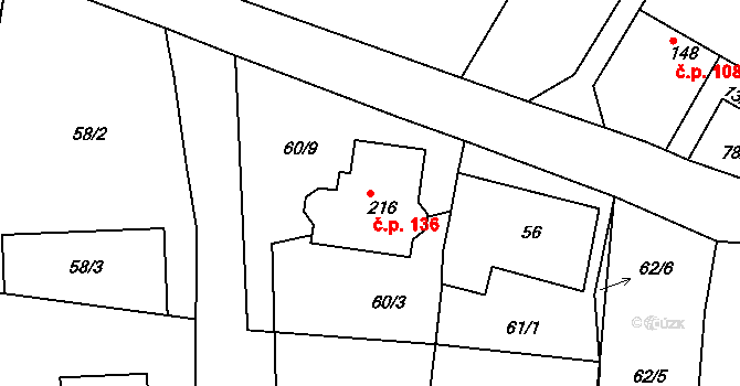 Zahnašovice 136 na parcele st. 216 v KÚ Zahnašovice, Katastrální mapa