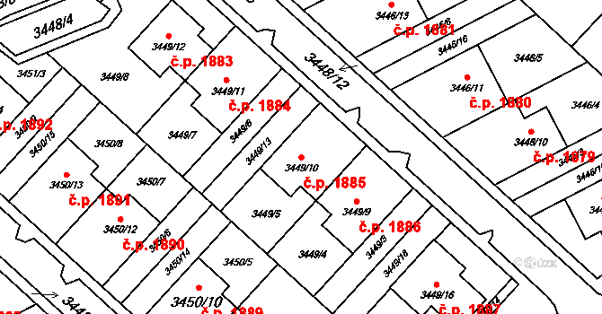 Kuřim 1885 na parcele st. 3449/10 v KÚ Kuřim, Katastrální mapa