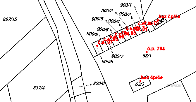 Lom 87 na parcele st. 900/9 v KÚ Lom u Mostu, Katastrální mapa