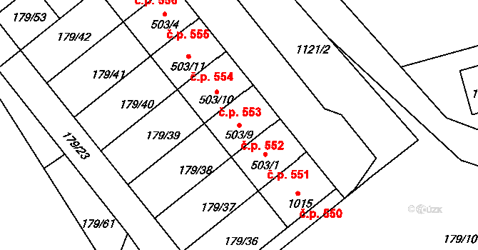 Sendražice 552, Kolín na parcele st. 503/9 v KÚ Sendražice u Kolína, Katastrální mapa
