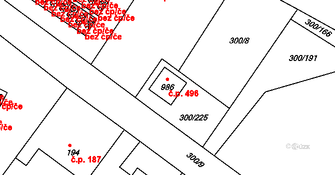 Třemošnice 496 na parcele st. 986 v KÚ Třemošnice nad Doubravou, Katastrální mapa