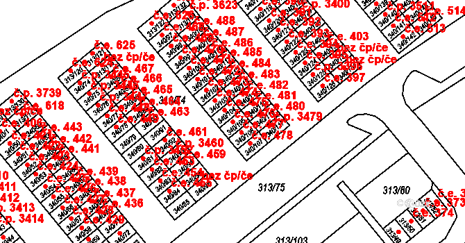 Vyškov-Předměstí 476, Vyškov na parcele st. 340/105 v KÚ Vyškov, Katastrální mapa