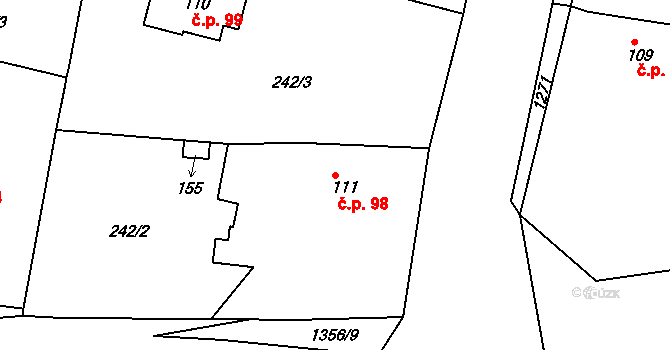 Rakovice 98 na parcele st. 111 v KÚ Rakovice, Katastrální mapa