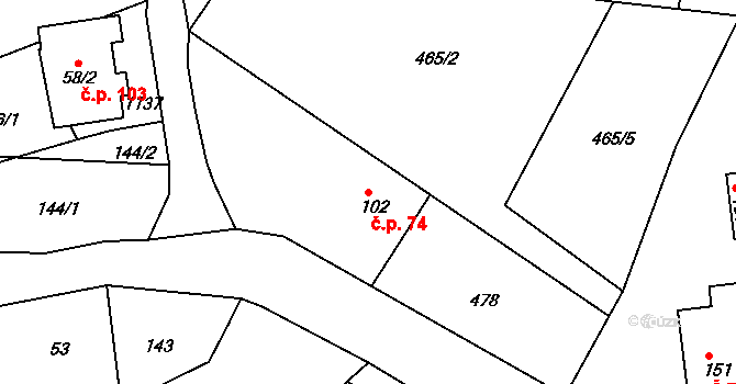 Leskovec 74, Březová na parcele st. 102 v KÚ Leskovec u Vítkova, Katastrální mapa