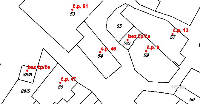 Lišnice 46 na parcele st. 54 v KÚ Lišnice, Katastrální mapa