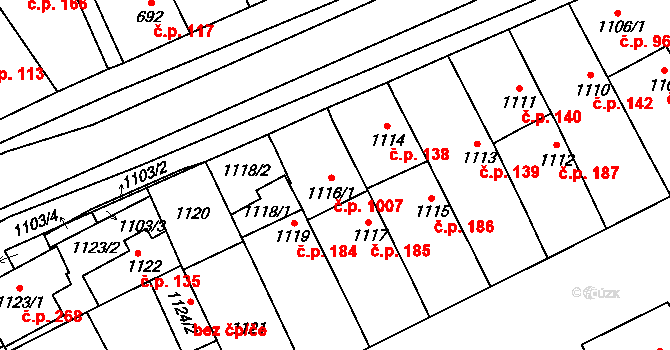 Lužice 1007 na parcele st. 1116/1 v KÚ Lužice u Hodonína, Katastrální mapa