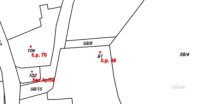 Žlebské Chvalovice 58 na parcele st. 91 v KÚ Žlebské Chvalovice, Katastrální mapa