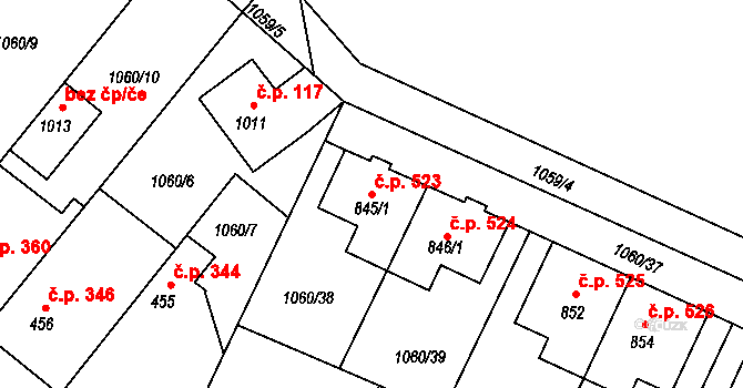 Kamenné Žehrovice 523 na parcele st. 845/1 v KÚ Kamenné Žehrovice, Katastrální mapa