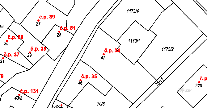 Horní Počaply 34 na parcele st. 47 v KÚ Horní Počaply, Katastrální mapa