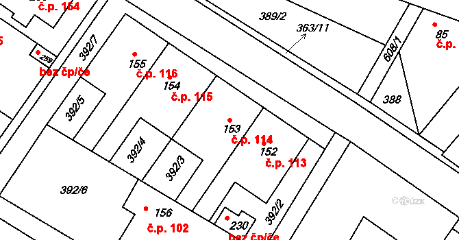 Jiřice 114, Kostelec nad Labem na parcele st. 153 v KÚ Jiřice u Kostelce nad Labem, Katastrální mapa