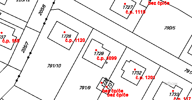 Neratovice 1099 na parcele st. 1729 v KÚ Neratovice, Katastrální mapa